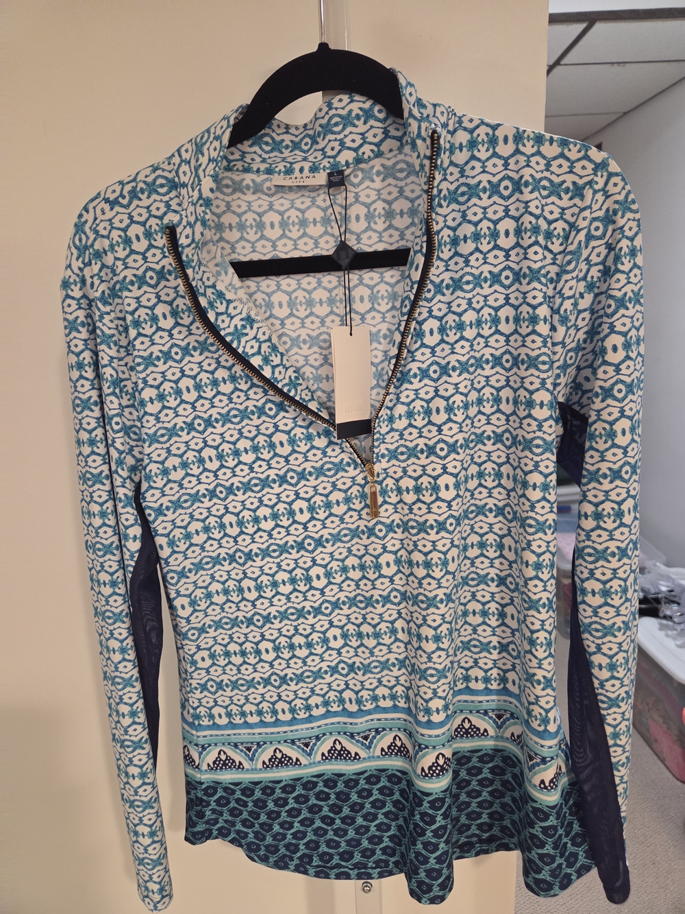 Women's Teal and White Quarter-Zip Printed Long Sleeve Top